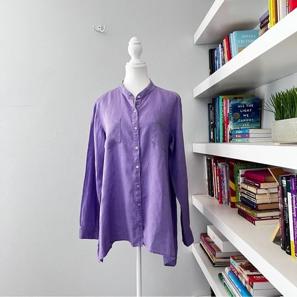Eileen Fisher Lavender Irish Linen Button Down Tunic Sz Medium Runs Large - Picture 8 of 13